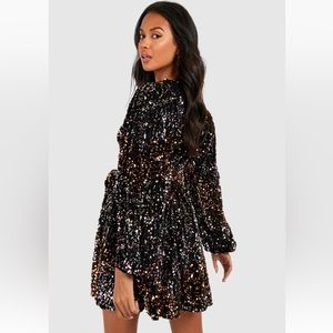boohoo rainbow sequin blouson sleeve skater party dress